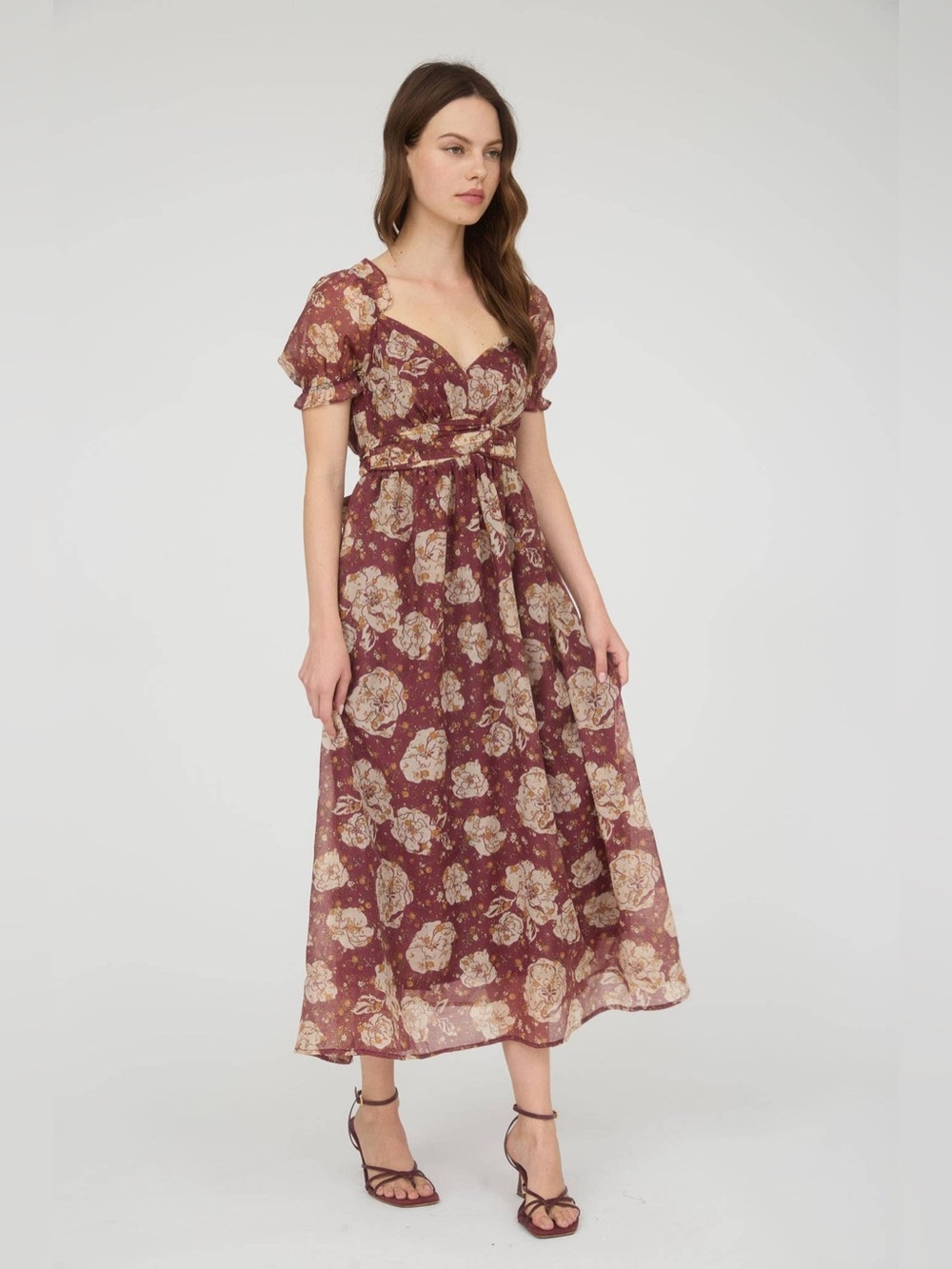 Blu Pepper Burgundy and Cream Floral Maxi Dress with Tie Waist